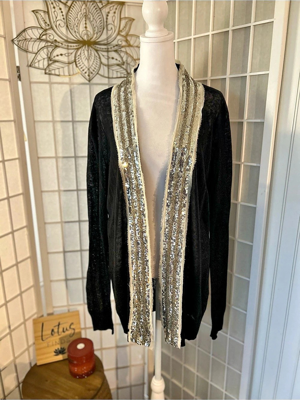 Tory Burch Sequin Trim Cardigan in Black Gold & Silver Size Large Like New